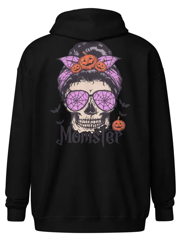 Shop Black Pumpkin on Skull Monster Printed Zip Up Hoodie