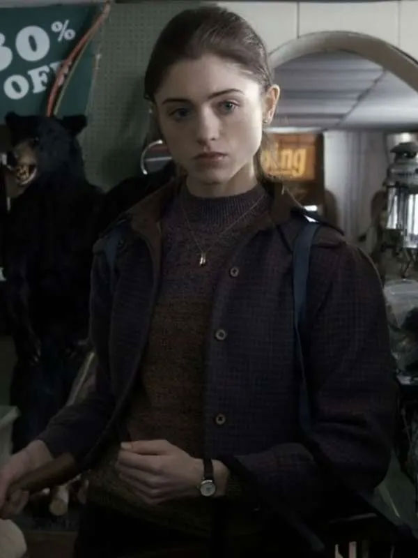 Shop Natalia Dyer Stranger Things Nancy Wheeler Purple Cropped Jacket