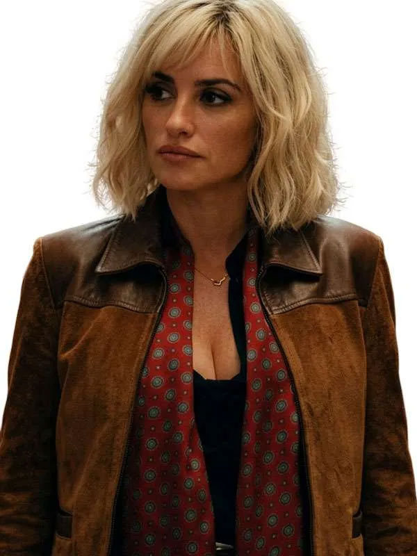 Shop Penélope Cruz The Invite Piña Penélope Cruz Brown Suede Leather Jacket
